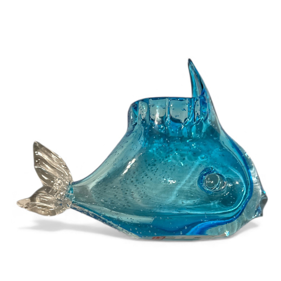 Blenko? Style MCM Hand Blown Blue Art Glass Fish Heavy Bowl Italian